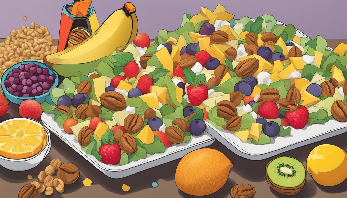 A colorful fruit and walnut salad surrounded by McDonald's breakfast items fading into the background