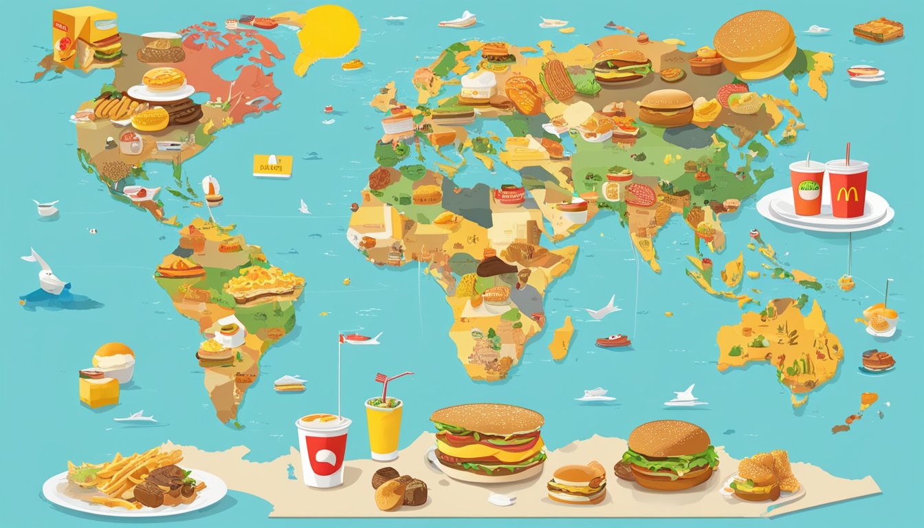 A global map with 121 countries highlighted, each with a McDonald's breakfast item, surrounded by 11 breakfast-related objects