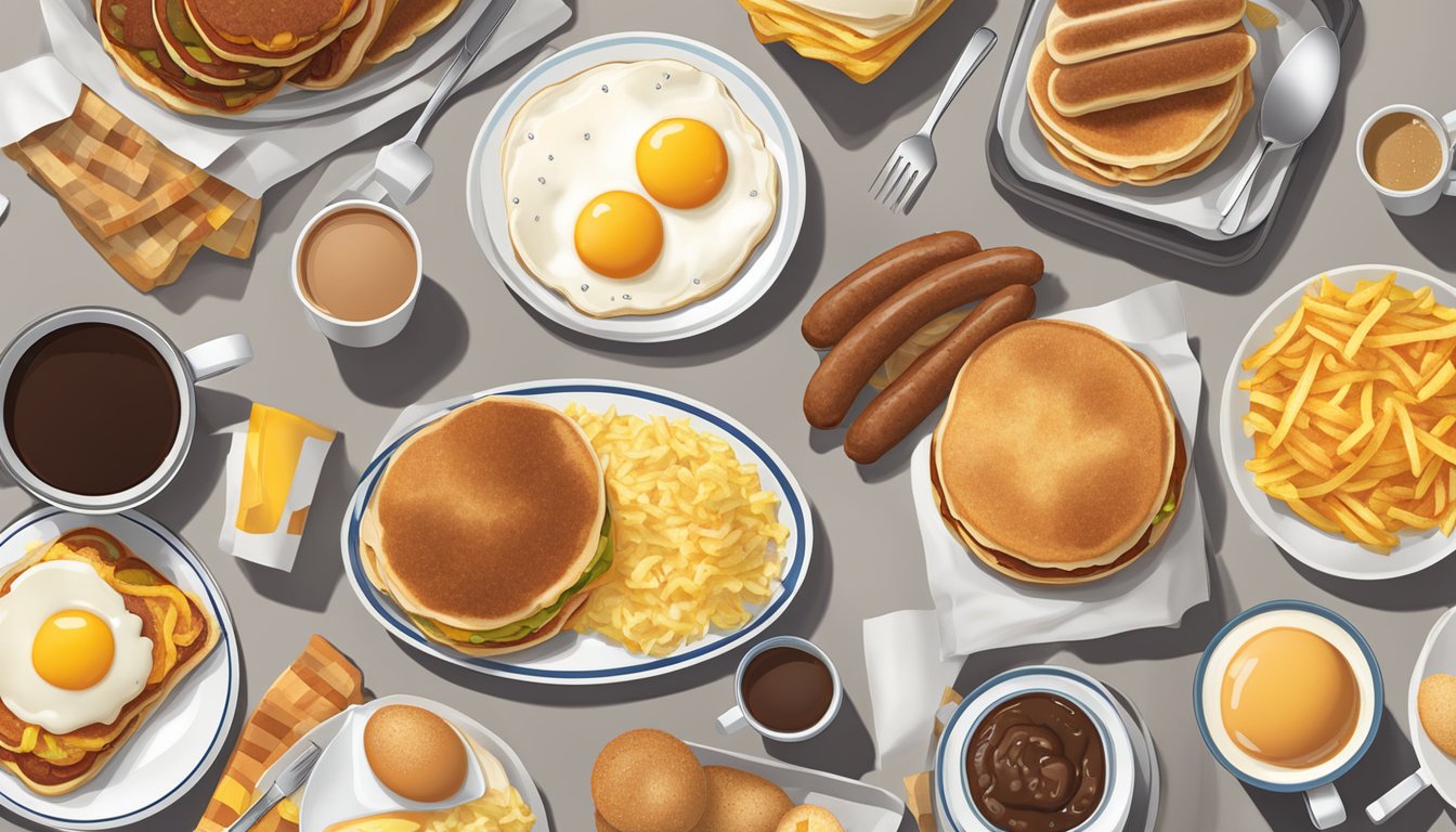 A table filled with trays of McDonald's breakfast items, including pancakes, eggs, sausage, hash browns, and coffee