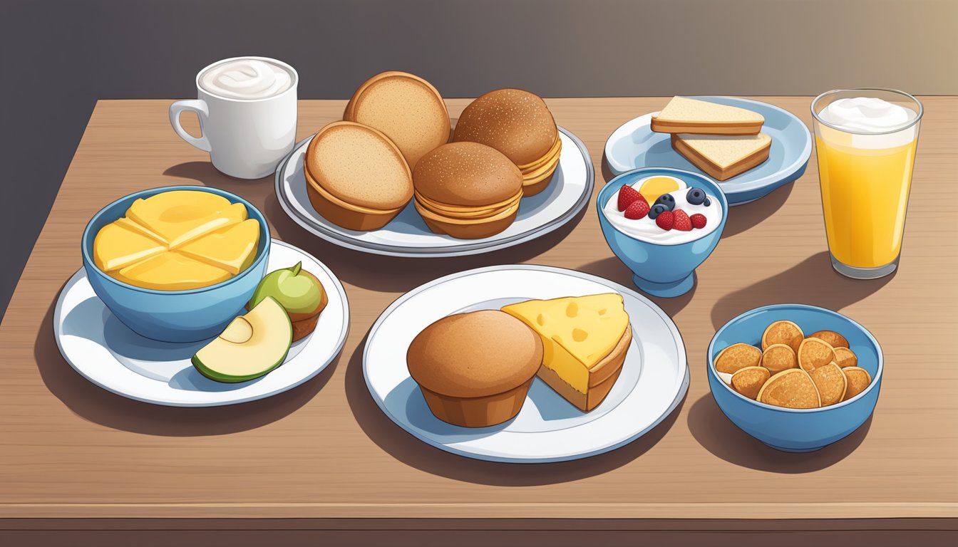 A colorful assortment of breakfast items arranged on a table, including a muffin, yogurt, fruit, and a breakfast sandwich, all under 400 calories