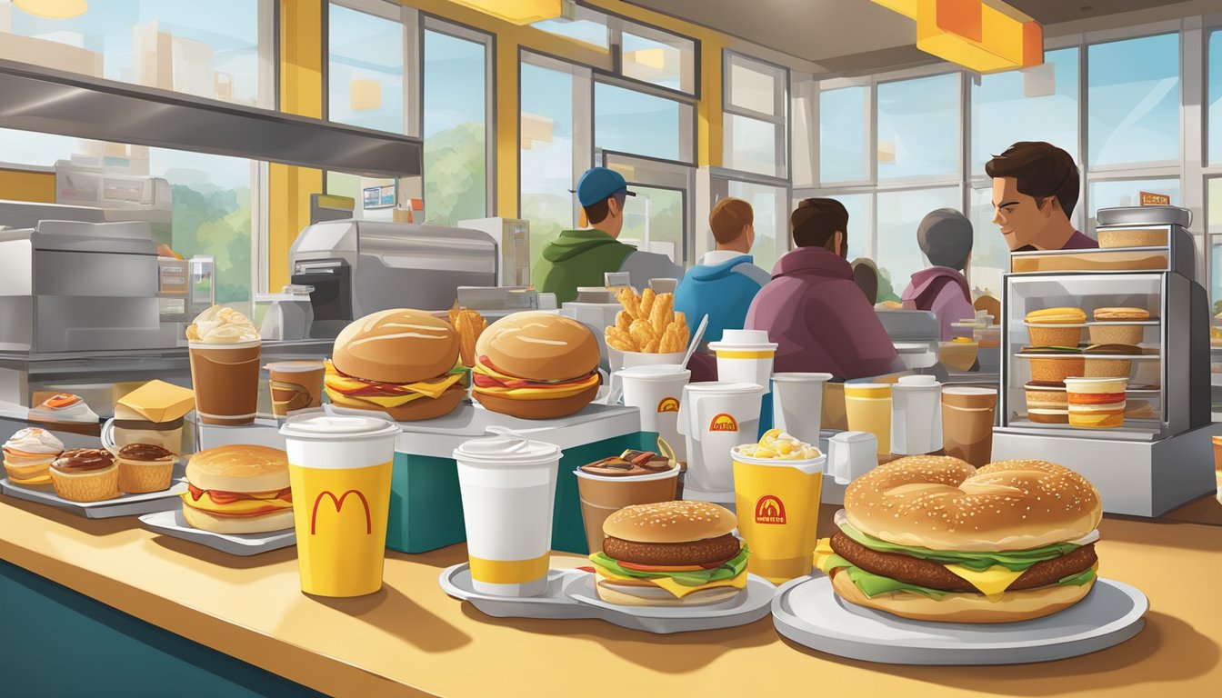 A bustling McDonald's breakfast scene with a variety of menu items, including coffee, muffins, and egg sandwiches, displayed on a colorful counter