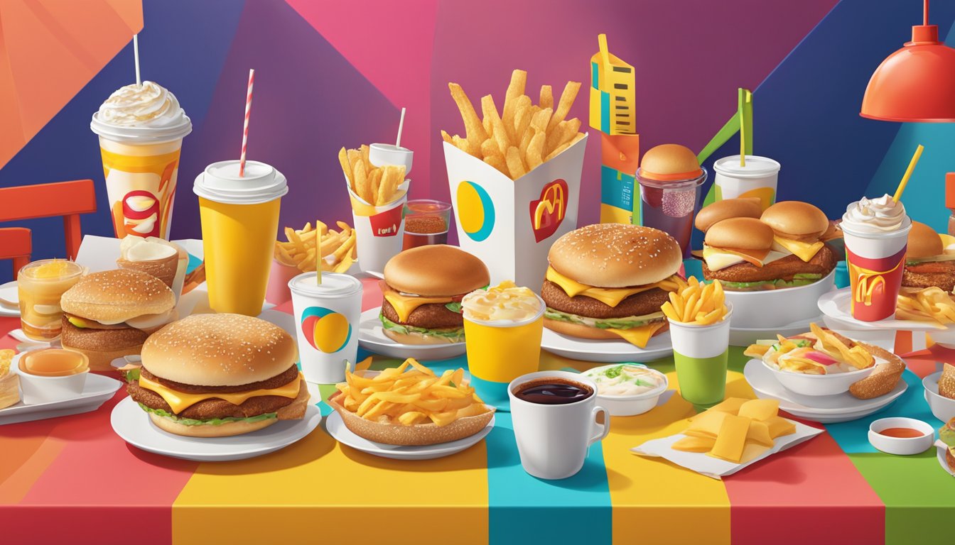 A table with a variety of McDonald's breakfast items, surrounded by celebrity-themed decor and a backdrop of bright, energetic colors