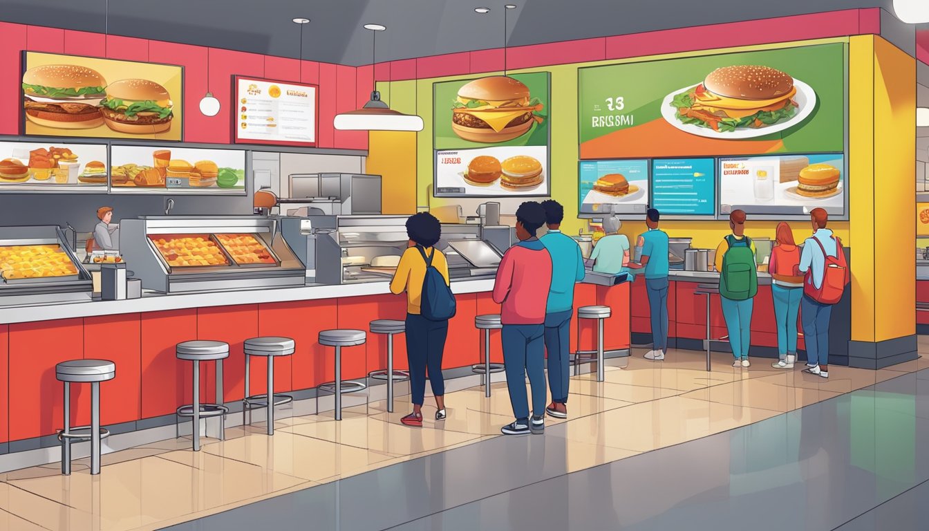 A bustling McDonald's restaurant with a colorful breakfast menu displayed on the digital screens, customers lining up at the counter, and the smell of freshly cooked breakfast items filling the air