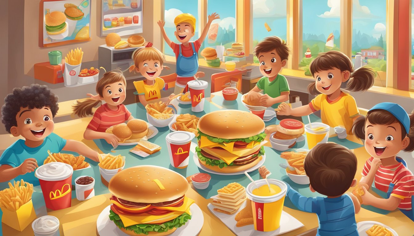 A colorful display of nostalgic McDonald's breakfast items surrounded by happy, energetic children