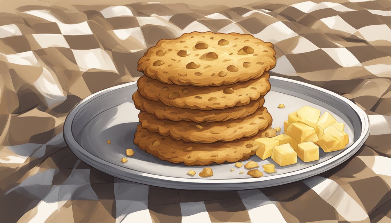 A flaky, golden-brown biscuit sits on a checkered napkin, surrounded by crumbs and a smear of butter