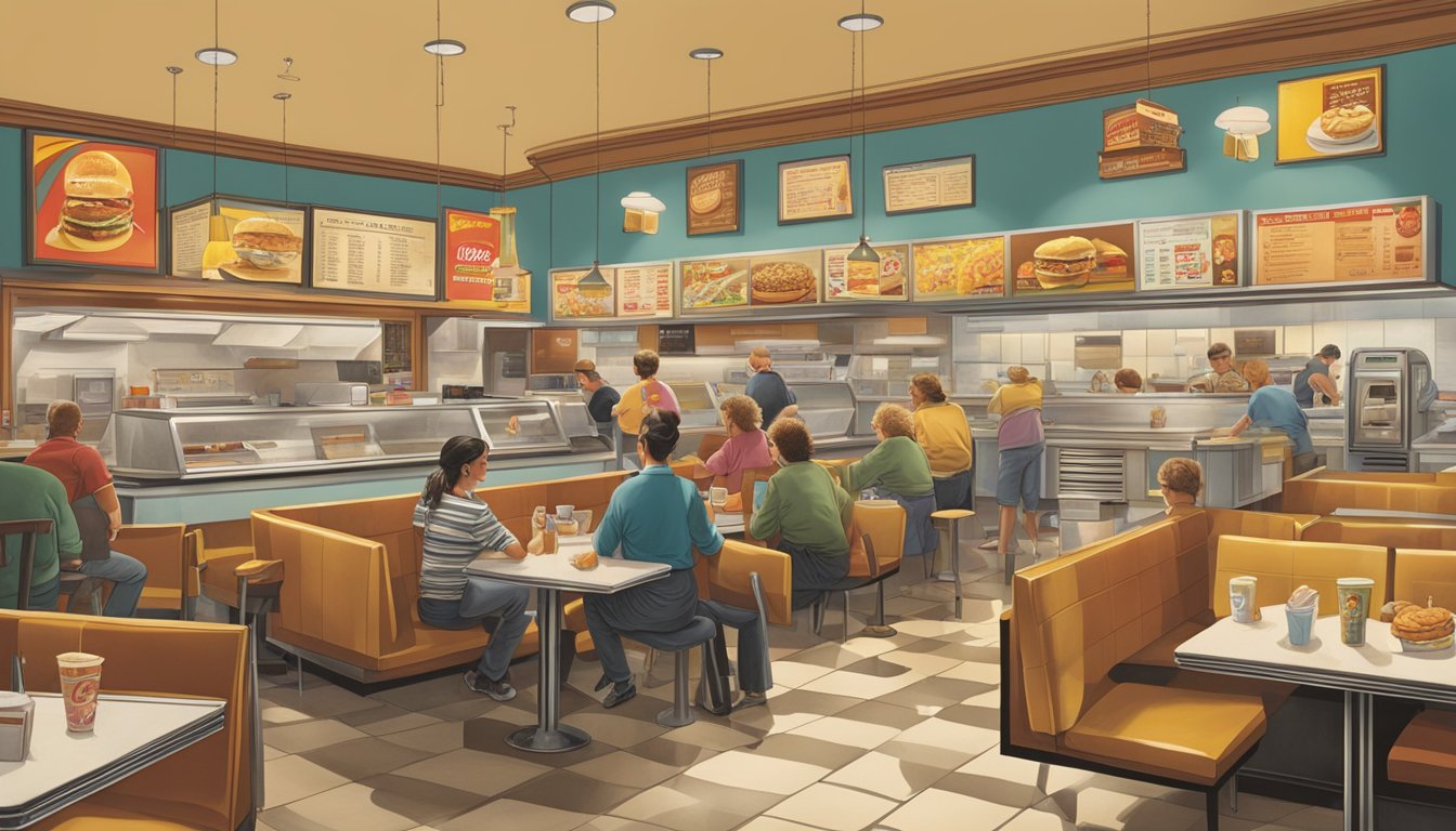 A vintage McDonald's restaurant with a menu board featuring discontinued breakfast items, surrounded by nostalgic customers