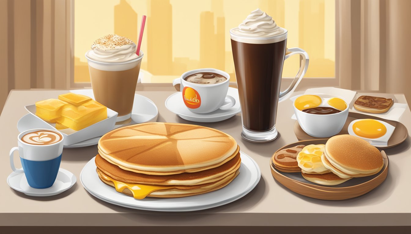 A table set with a big breakfast, hotcakes, and a McCafé latte from McDonald's, with various breakfast pairings displayed