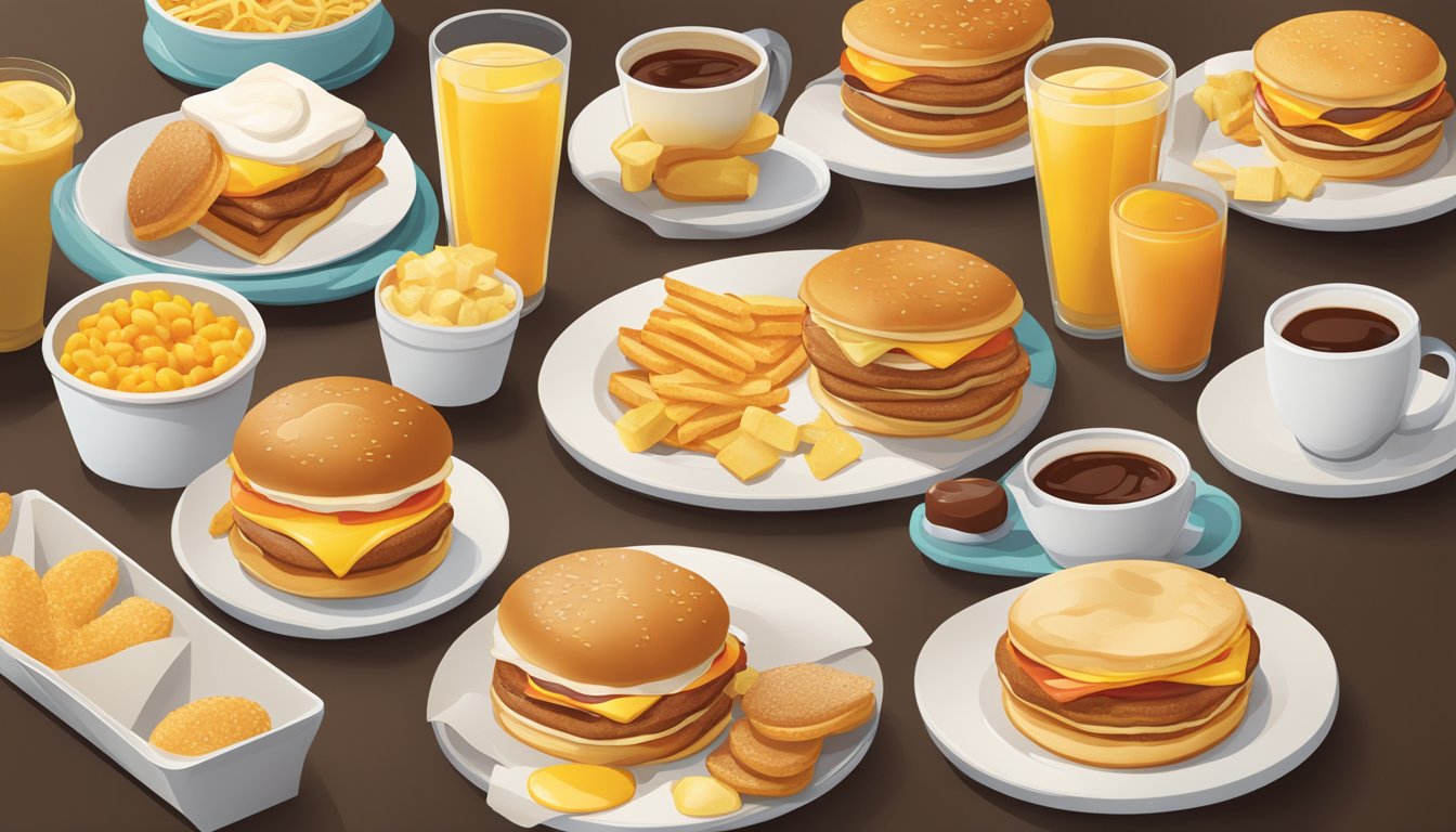 A table with a variety of McDonald's breakfast items arranged in a visually appealing manner, with hotcakes prominently displayed in the center