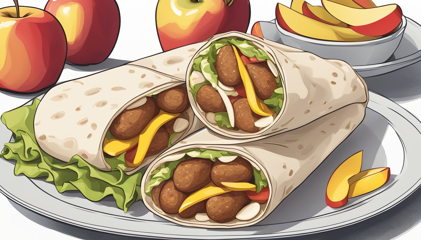 A sausage burrito sits next to a pile of apple slices on a white plate, with a McDonald's logo visible in the background