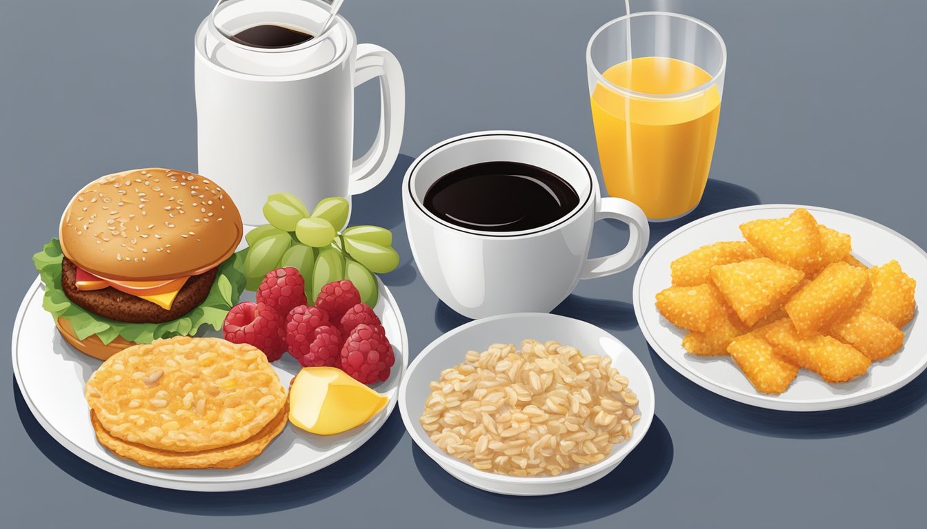 A McDonald's breakfast plate with oatmeal instead of hash browns, surrounded by fresh fruit and a cup of black coffee