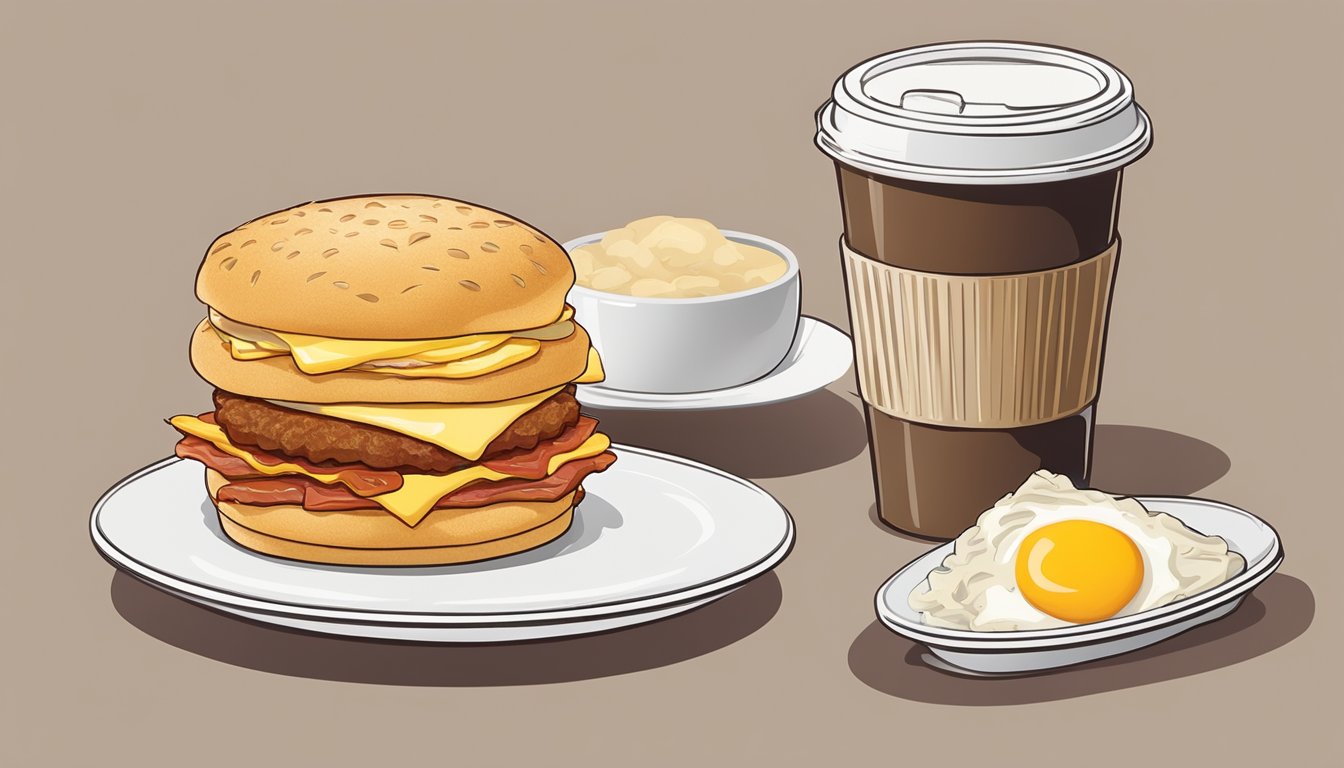 A bacon, egg, and cheese biscuit sits on a white plate with a side of hash browns, a cup of coffee, and a McDonald's logo in the background