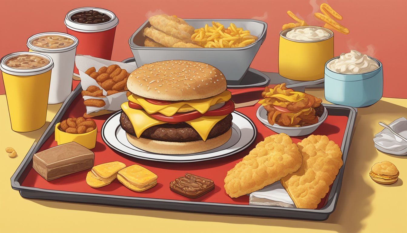 A steaming sausage biscuit sits on a red and yellow McDonald's tray, surrounded by other breakfast items