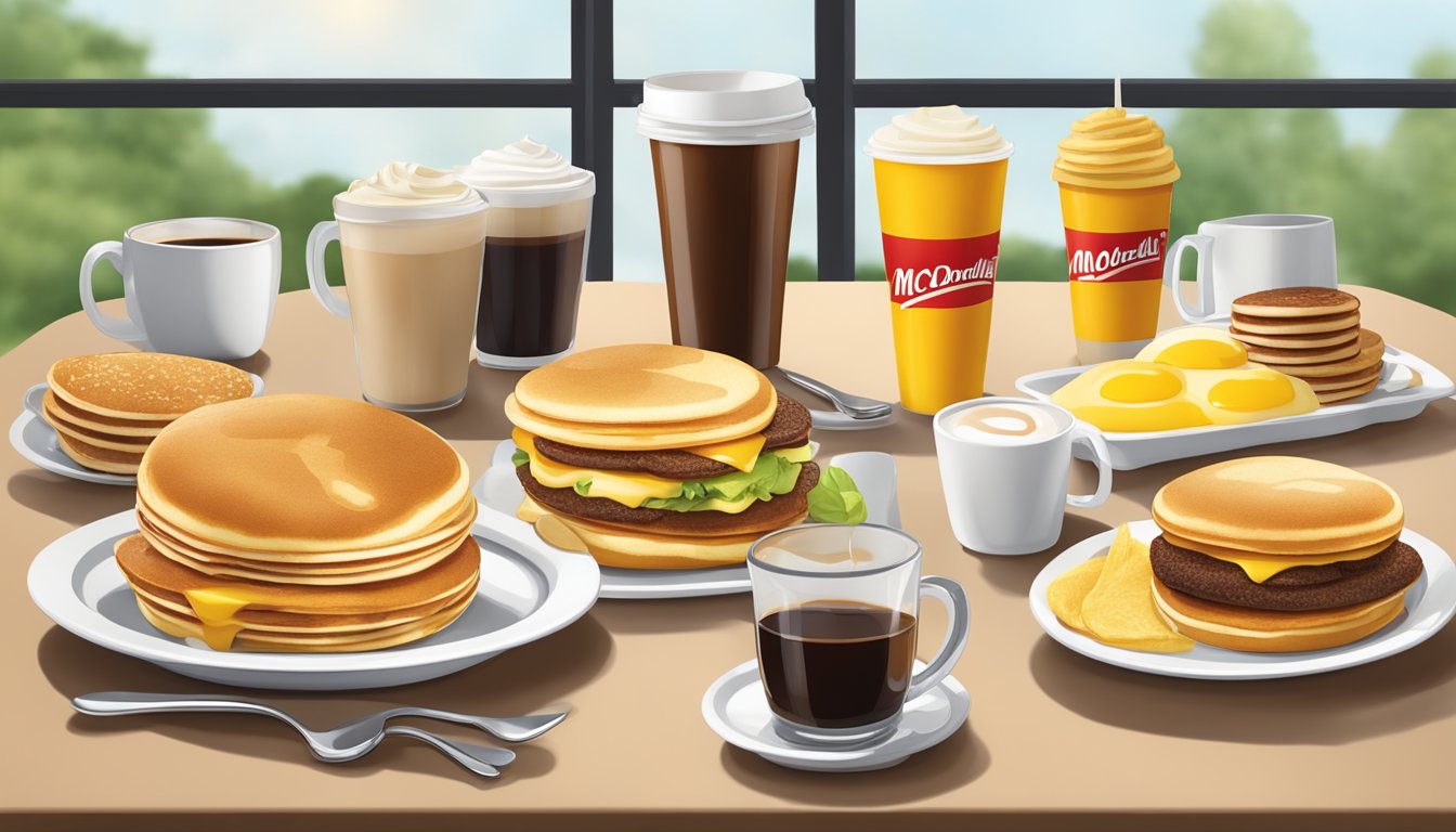 A table set with six McDonald's breakfast pairings, including coffee, pancakes, eggs, and fruit, arranged in an appetizing display