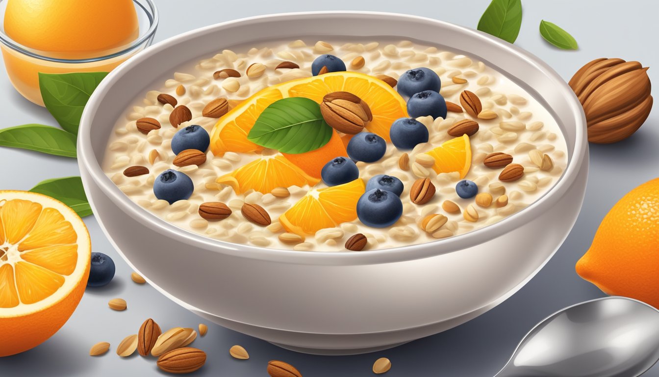 A colorful bowl of oatmeal surrounded by various fruits, nuts, and seeds, with a side of yogurt and a glass of freshly squeezed orange juice