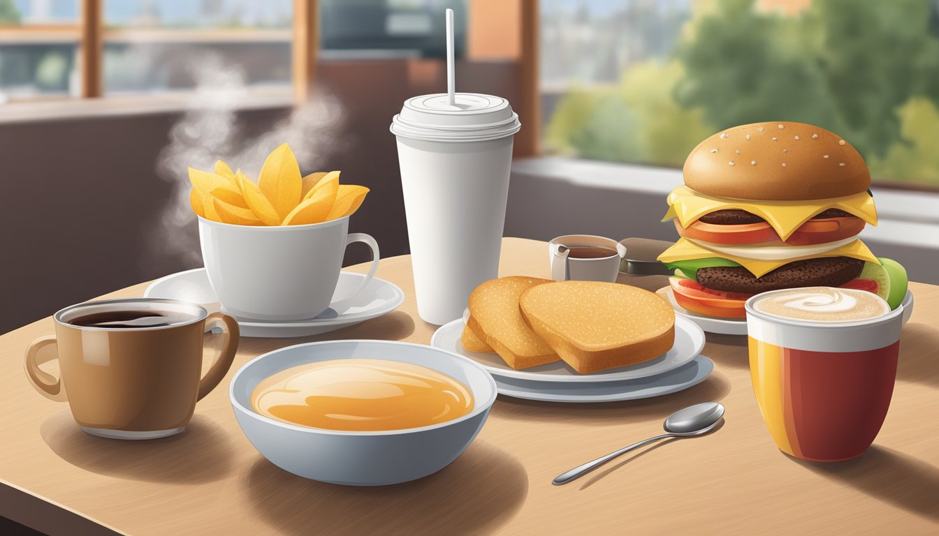 A steaming cup of plain coffee or tea sits next to a McDonald's breakfast, surrounded by fresh fruit and whole grain options