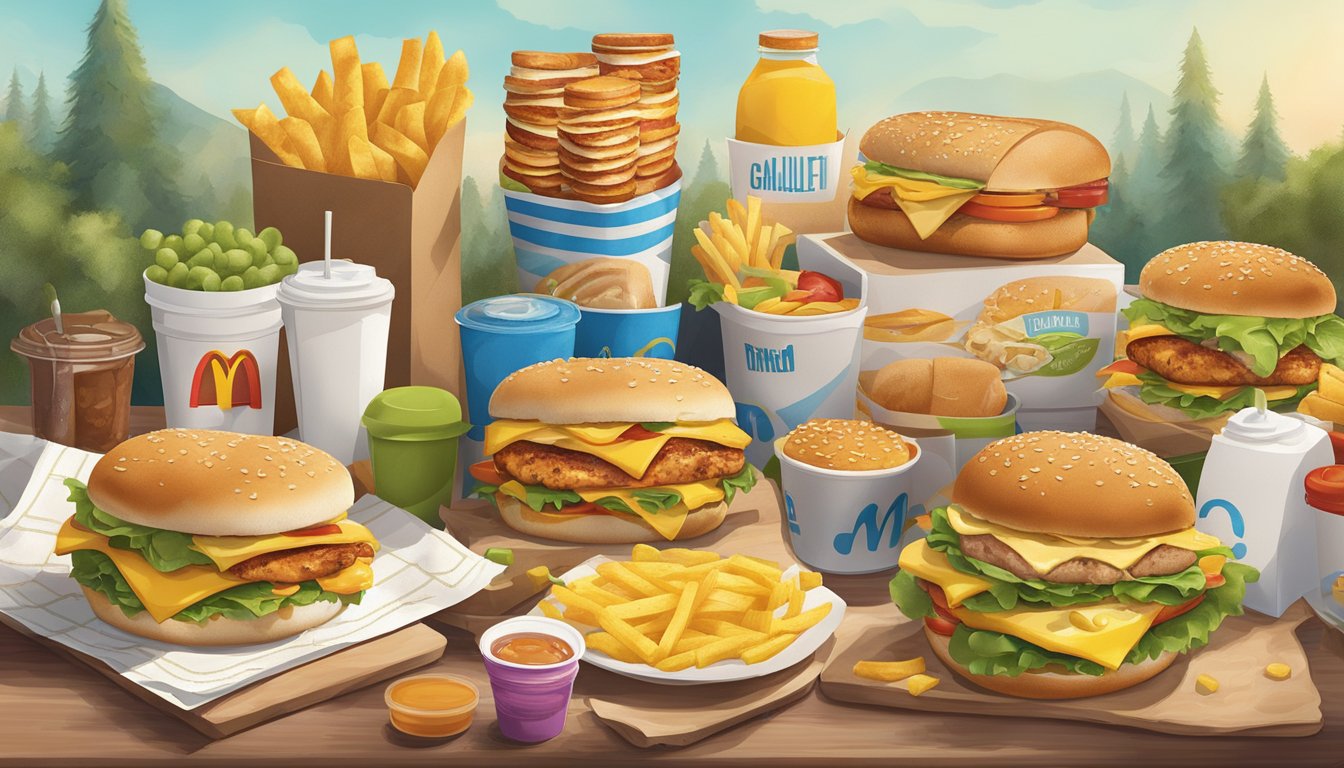 An illustrator could create a scene of a McDonald's breakfast menu with eight different variations of the Artisan Grilled Chicken Sandwich surrounded by fresh, colorful ingredients to depict healthier options