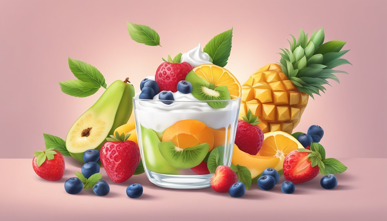 A colorful array of fresh fruits and creamy yogurt arranged in a parfait glass, surrounded by vibrant greenery and morning sunlight