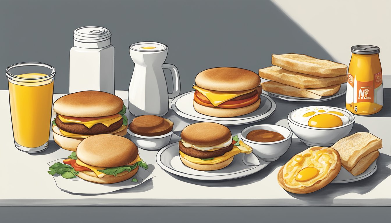 A sunny breakfast scene with an Egg McMuffin (without meat) and other vegetarian options from McDonald's laid out on a table