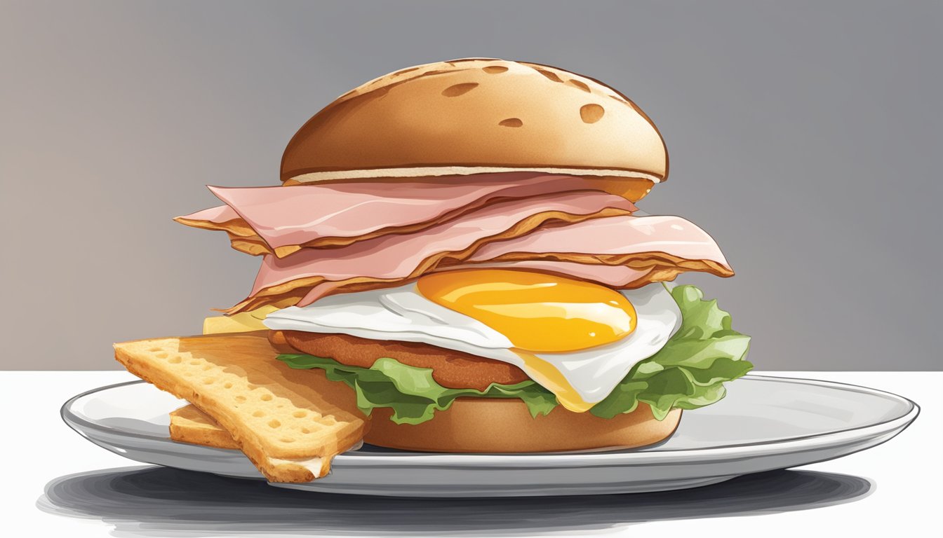 A breakfast sandwich with a toasted English muffin, a freshly cracked egg, and a slice of Canadian bacon, all neatly arranged on a white plate