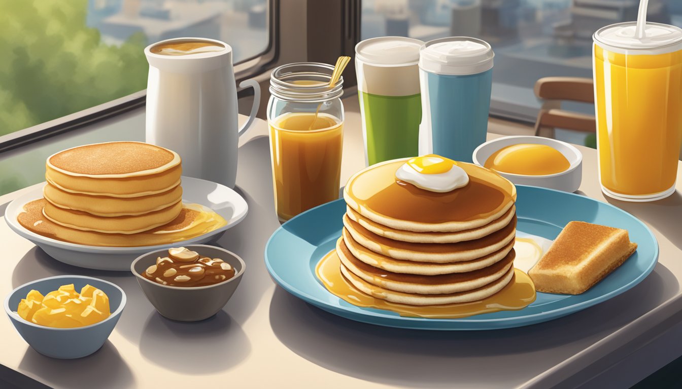 A plate of hotcakes topped with syrup, alongside other vegetarian breakfast items on a McDonald's menu