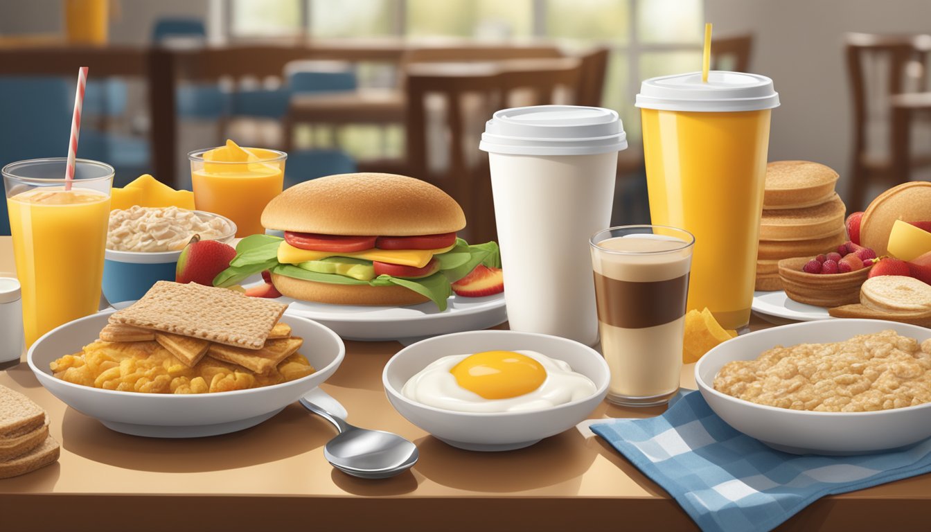 A breakfast table with a variety of McDonald's breakfast items, including coffee, oatmeal, yogurt, and fruit, with a focus on healthier options