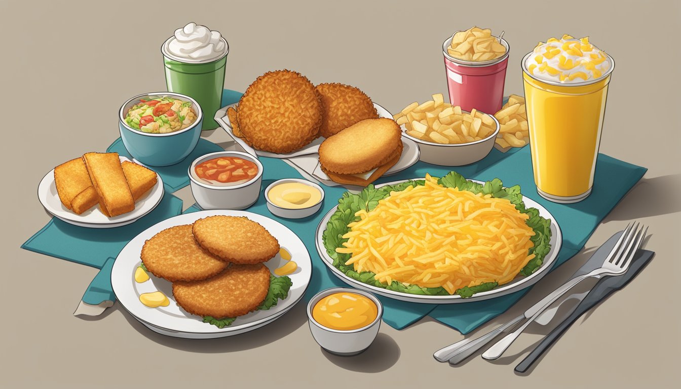 A plate of golden hash browns surrounded by various vegetarian breakfast items on a McDonald's menu