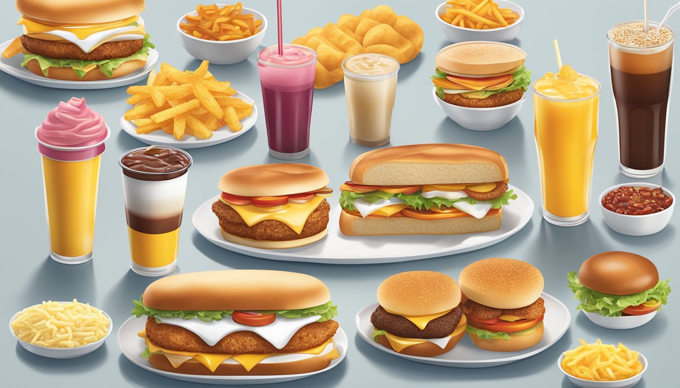 A colorful display of McDonald's breakfast items arranged in a descending order of popularity, with a variety of sandwiches, hash browns, and beverages