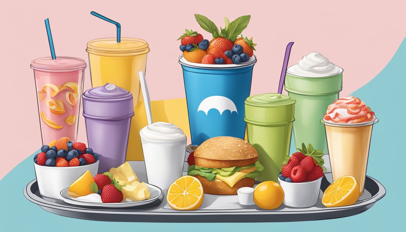 A colorful fruit and yogurt parfait sits on a tray next to other vegetarian breakfast items at McDonald's