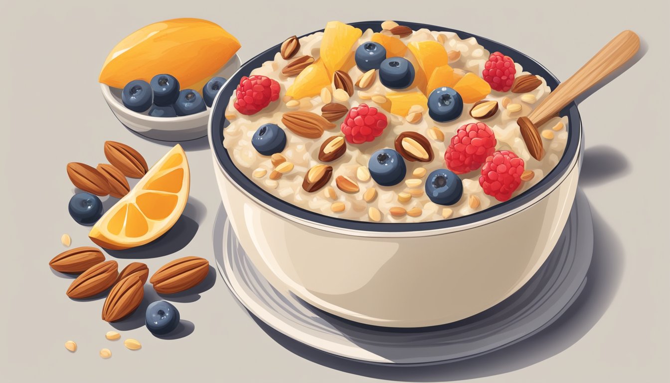 A bowl of oatmeal topped with fruit and nuts, surrounded by a few pieces of fresh fruit and a small container of maple syrup