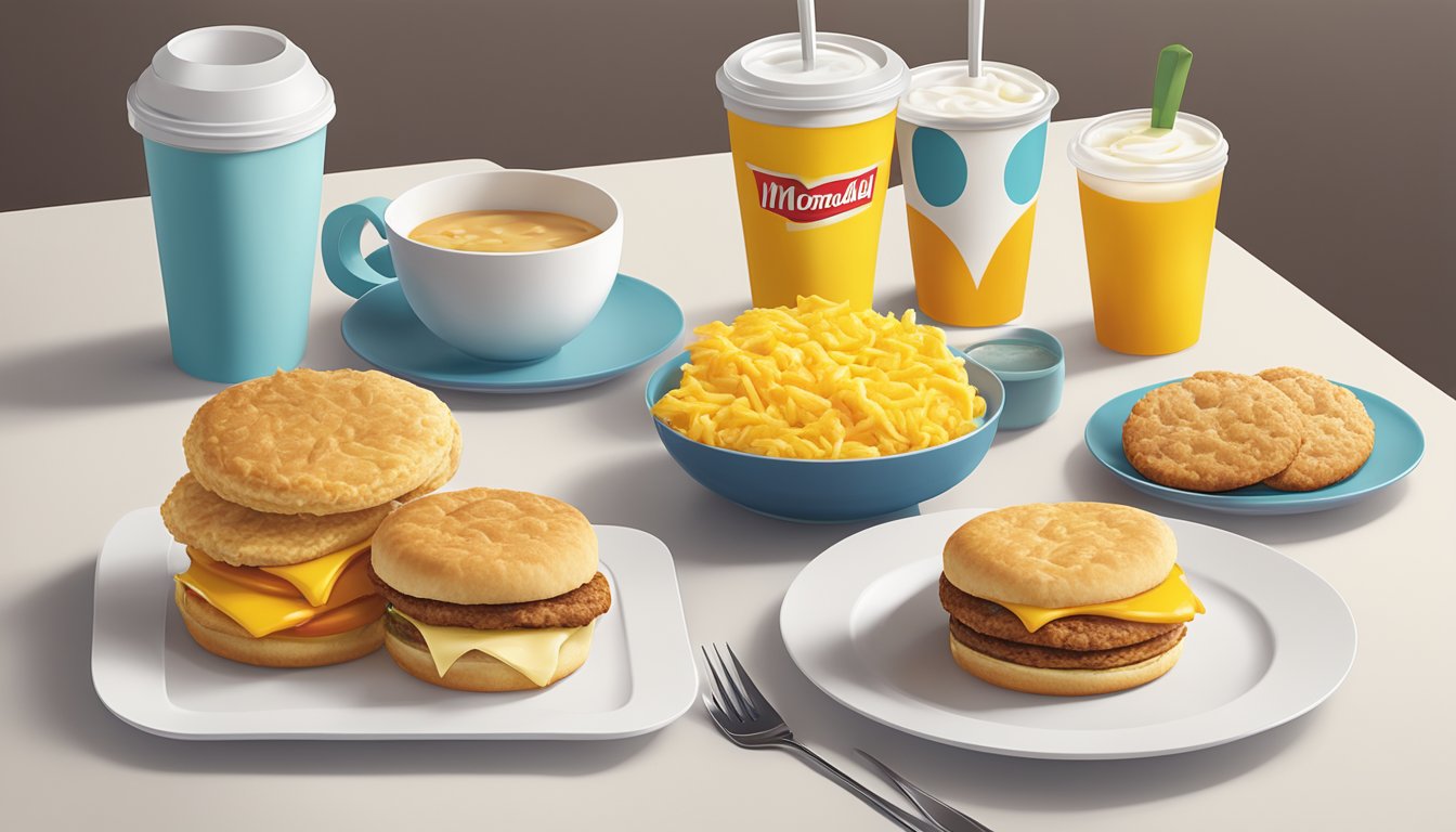 A colorful array of McDonald's breakfast menu items, including a cheese biscuit, arranged on a clean, modern table setting