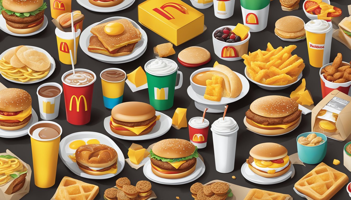 A colorful array of McDonald's breakfast items arranged in a visually appealing manner, with varying shapes and sizes to indicate popularity