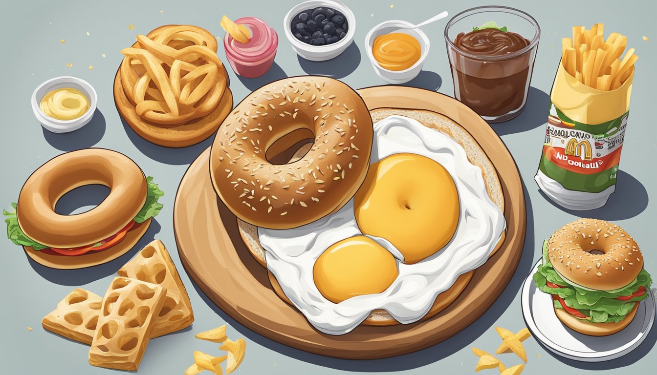 A bagel with cream cheese surrounded by McDonald's breakfast menu items suitable for vegetarians