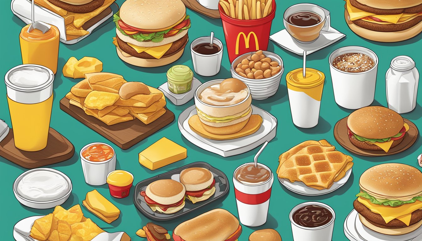 A colorful array of McDonald's breakfast items arranged in a visually appealing manner, with the most popular items highlighted and visually distinct from the rest