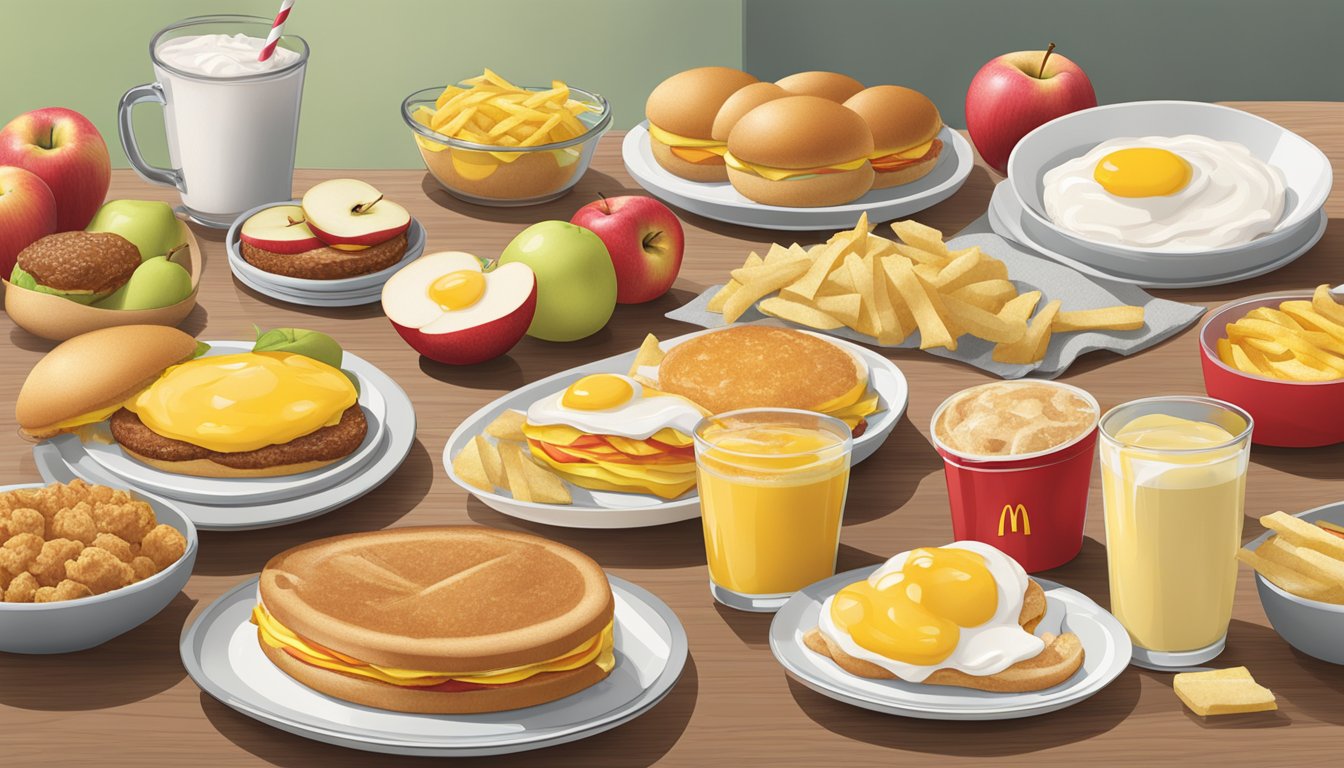 A table with 9 McDonald's breakfast items, each sliced apple on top