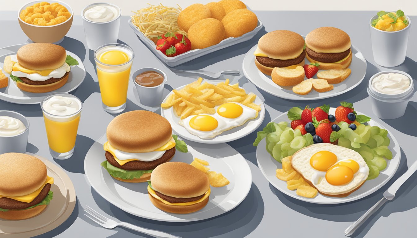 A table set with a variety of vegetarian breakfast items from McDonald's, including Egg McMuffins, hash browns, and fruit and yogurt parfaits