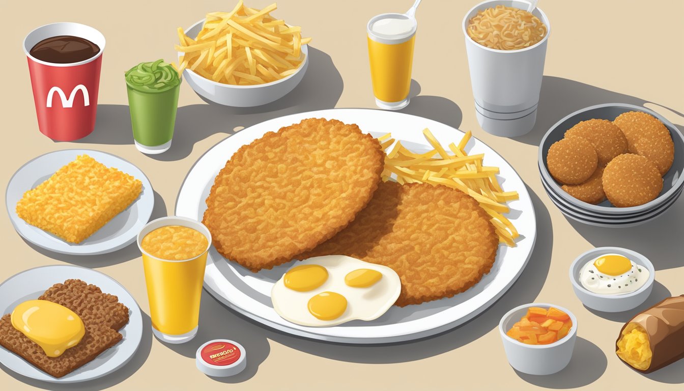 A plate of golden hash browns surrounded by various McDonald's breakfast items under 300 calories