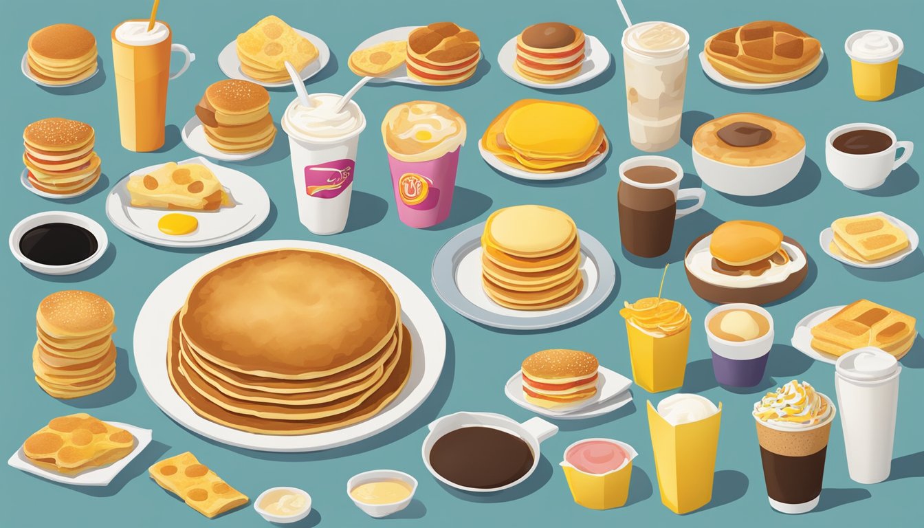 A colorful array of hotcakes and nine other McDonald's breakfast items arranged neatly on a table, with a calorie count of 300 or less displayed for each item