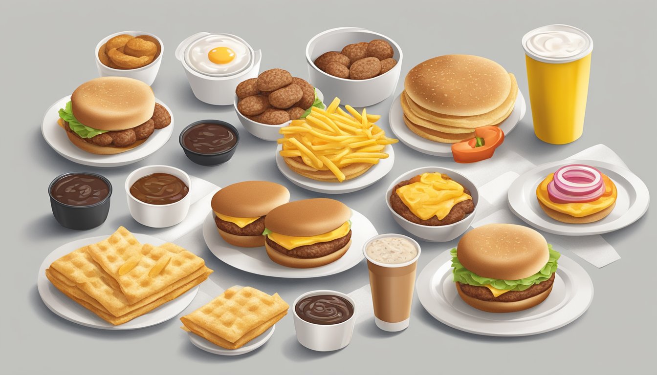 A Sausage McMuffin surrounded by 9 other McDonald's breakfast items, all under 300 calories, arranged on a white plate