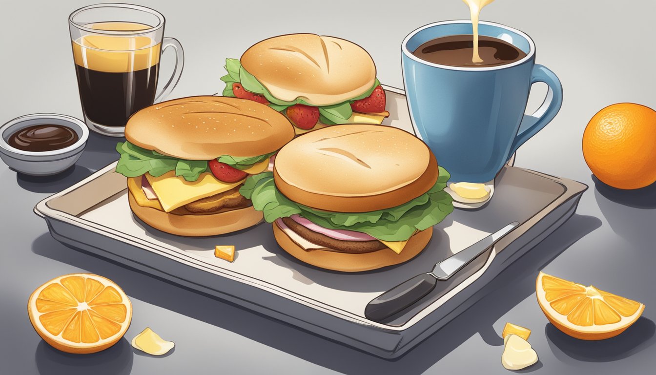 A breakfast sandwich surrounded by a cup of coffee, orange juice, and a few pieces of fruit on a tray