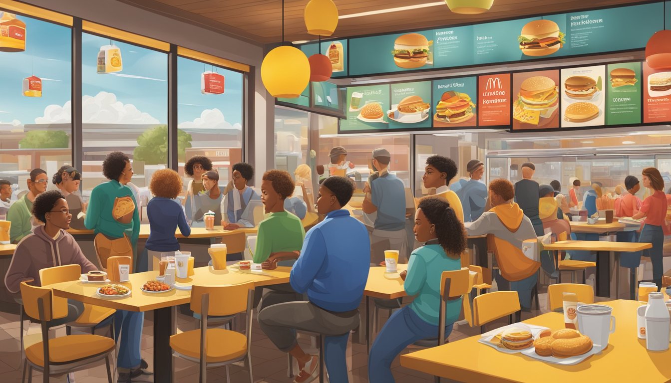 A bustling McDonald's breakfast menu board with iconic discontinued items displayed, surrounded by eager customers reminiscing about the cultural impact of these beloved items