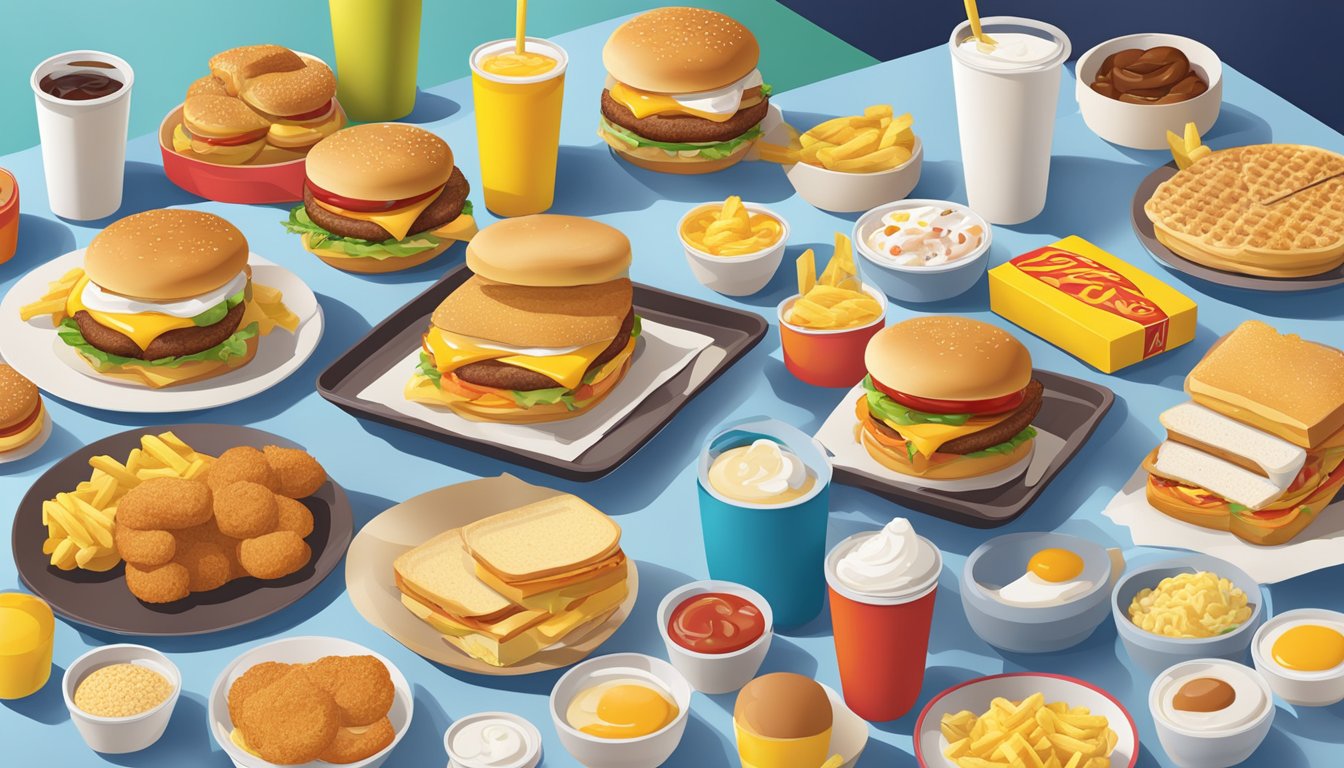 A colorful table spread with a variety of McDonald's breakfast items, all neatly arranged and labeled with their respective calorie counts