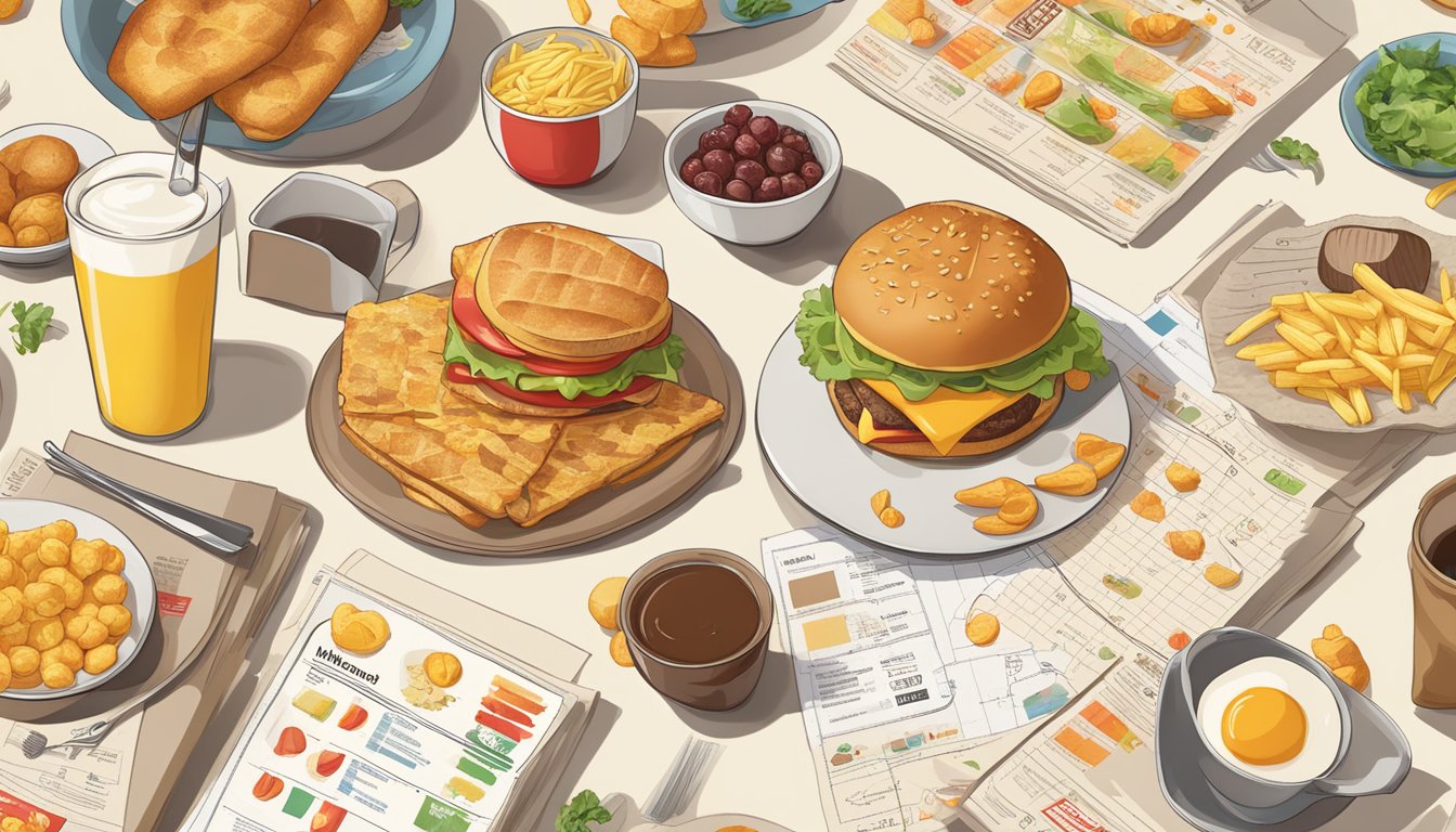 A table with vintage McDonald's breakfast items surrounded by modern nutritional charts and graphs