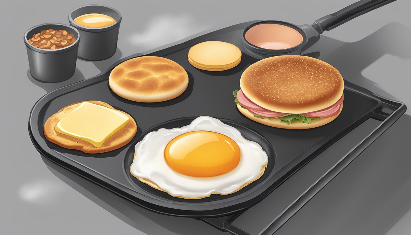 A Teflon-coated ring mold sits on a sizzling griddle, surrounded by a cracked egg, Canadian bacon, and a toasted English muffin