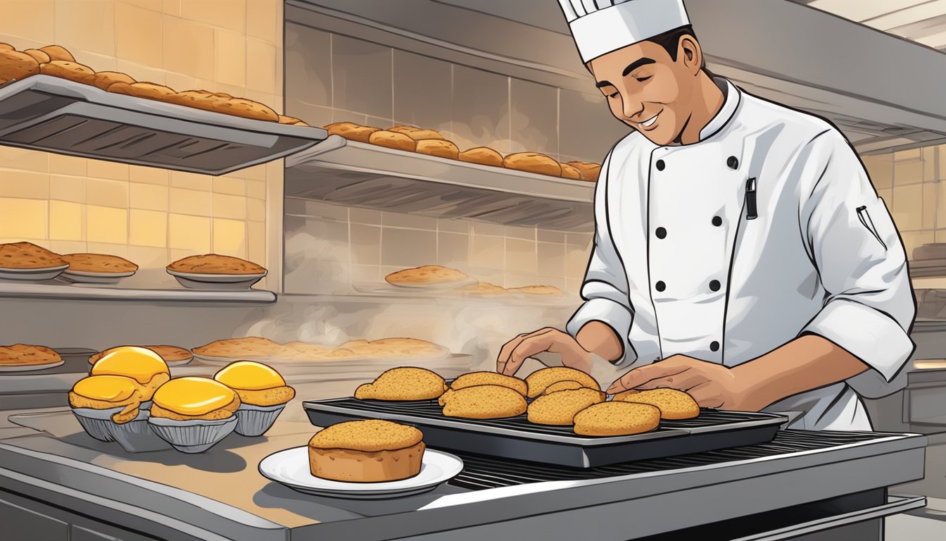 A chef cracks an egg onto a sizzling grill, while a muffin toasts nearby. A slice of Canadian bacon is placed on the egg, and the muffin is assembled with cheese and butter