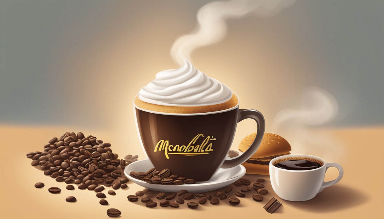 A steaming cup of McDonald's coffee surrounded by coffee beans, cinnamon sticks, and chocolate shavings, with a warm and inviting ambiance