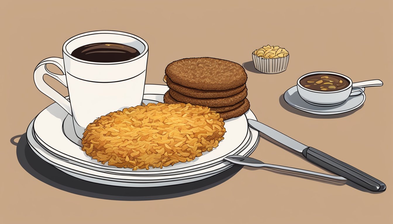 A golden-brown sausage biscuit sits on a plate, surrounded by a steaming cup of coffee and a side of crispy hash browns