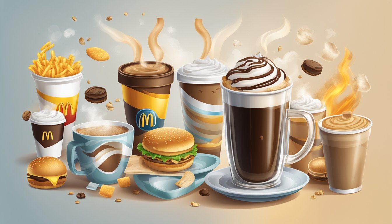 A steaming cup of McDonald's coffee surrounded by eight different elements representing its superior quality