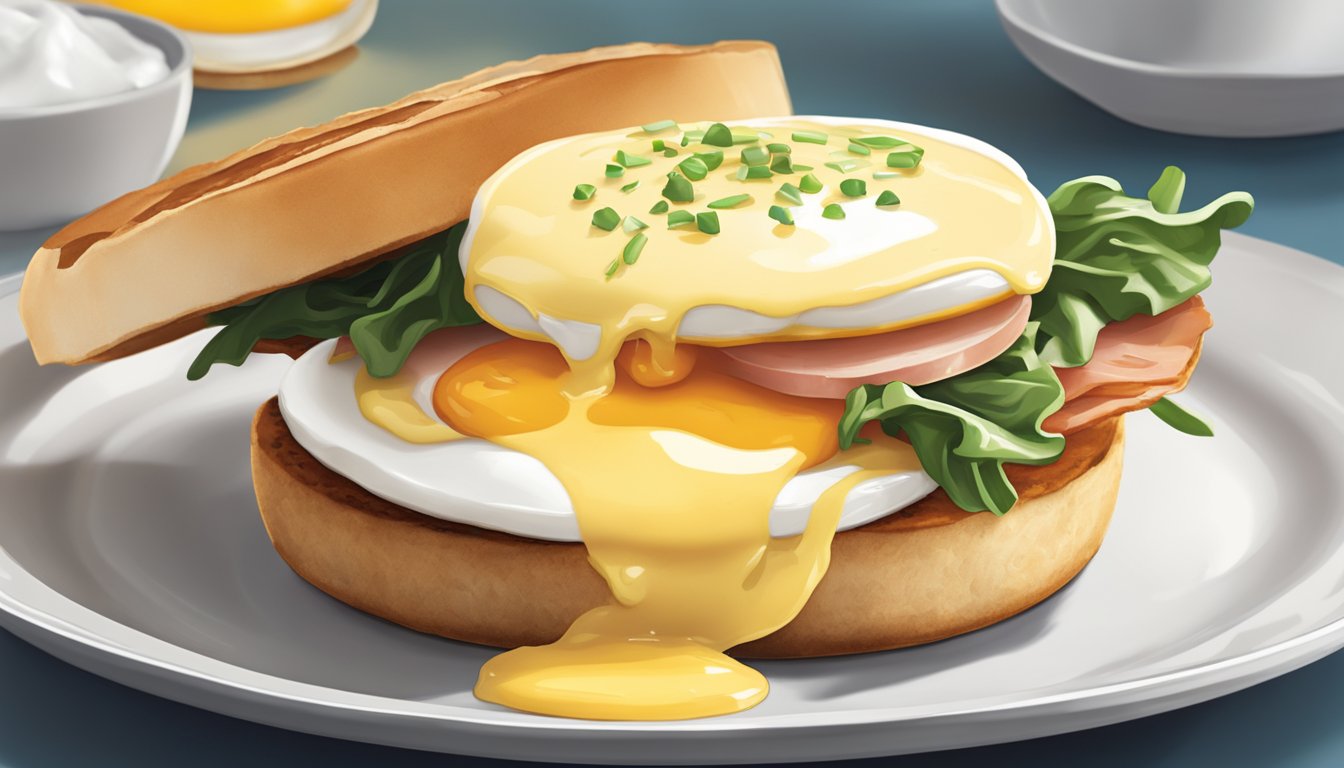 A sunny-side up egg sits atop a toasted English muffin, with a slice of Canadian bacon peeking out from underneath. A dollop of hollandaise sauce drizzles over the top