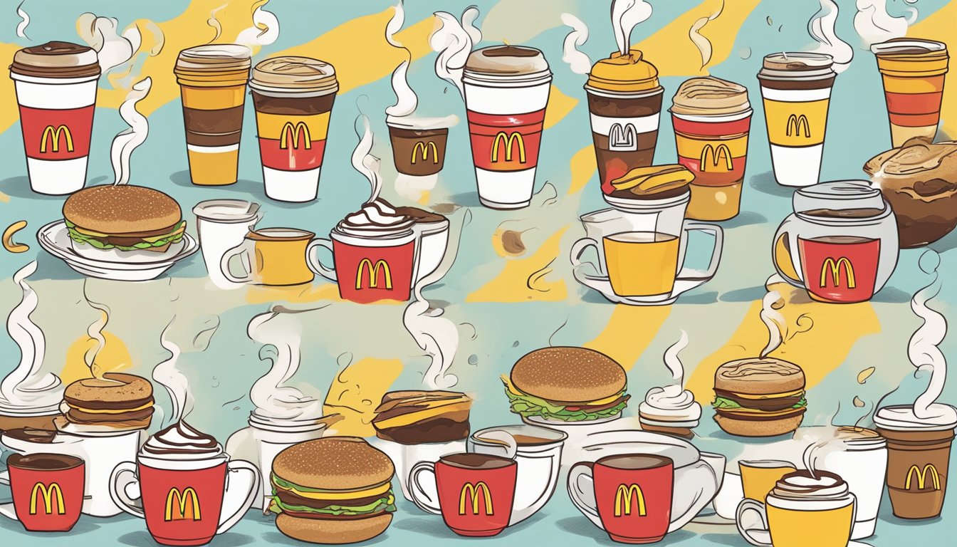 A steaming cup of McDonald's coffee surrounded by eight visual representations of the reasons why it's better than expected