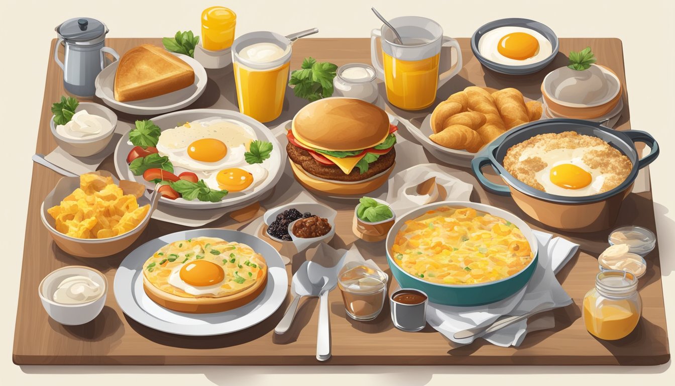 A table set with a spread of twelve homemade breakfast dishes, resembling McDonald's menu items, surrounded by various kitchen utensils and ingredients